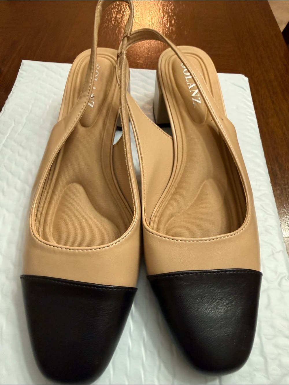 Two-Tone Beige and Black Slingback Flats